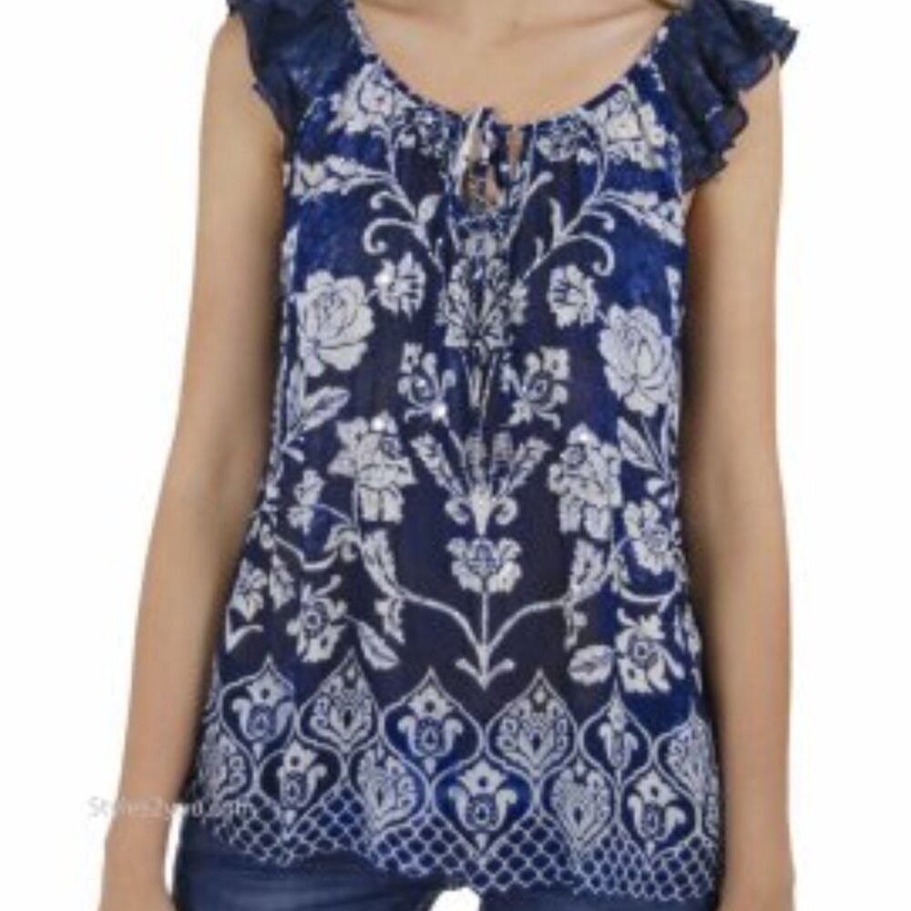 SOFT SURROUNDINGS SHORT SLEEVE PEASANT BLOUSE NAVY BLUE BILA TOP SIZE XS
